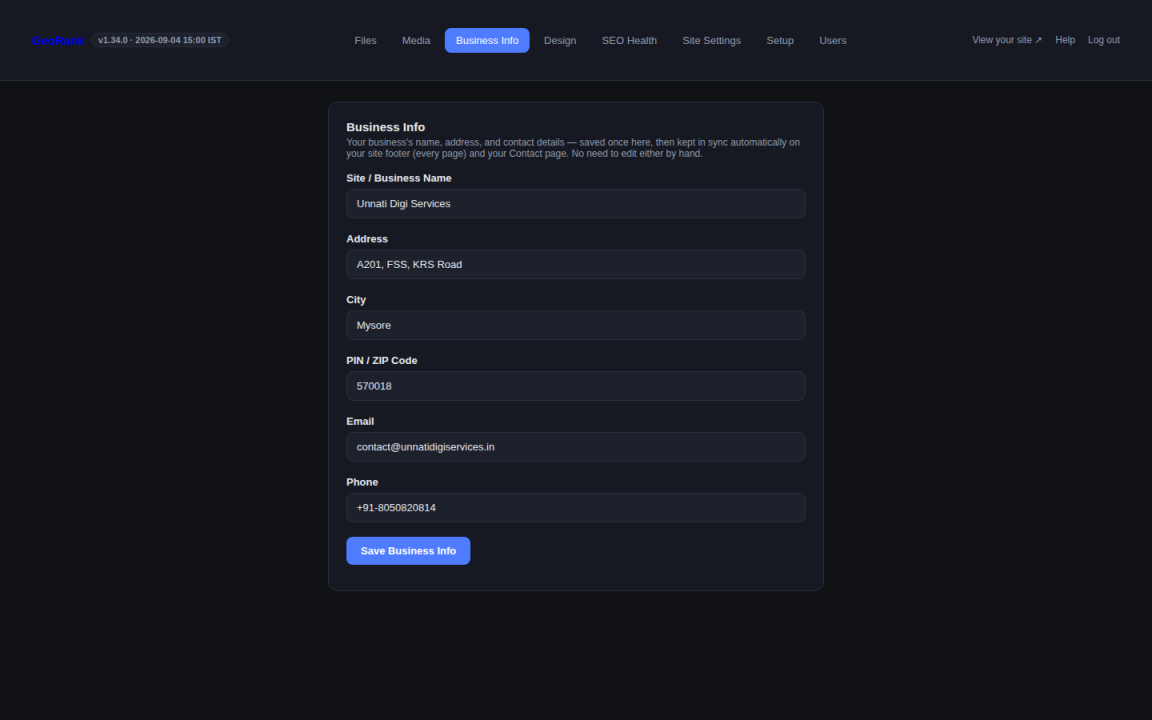 GeoRank Business Info tab