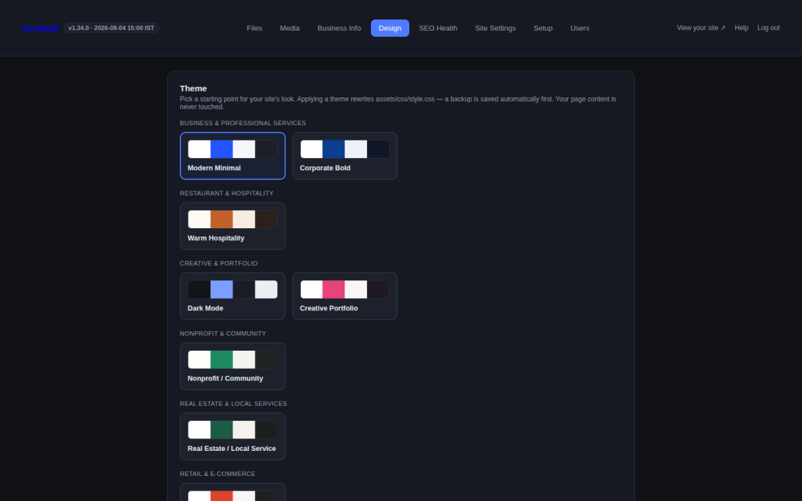 GeoRank Design tab showing 8 selectable themes