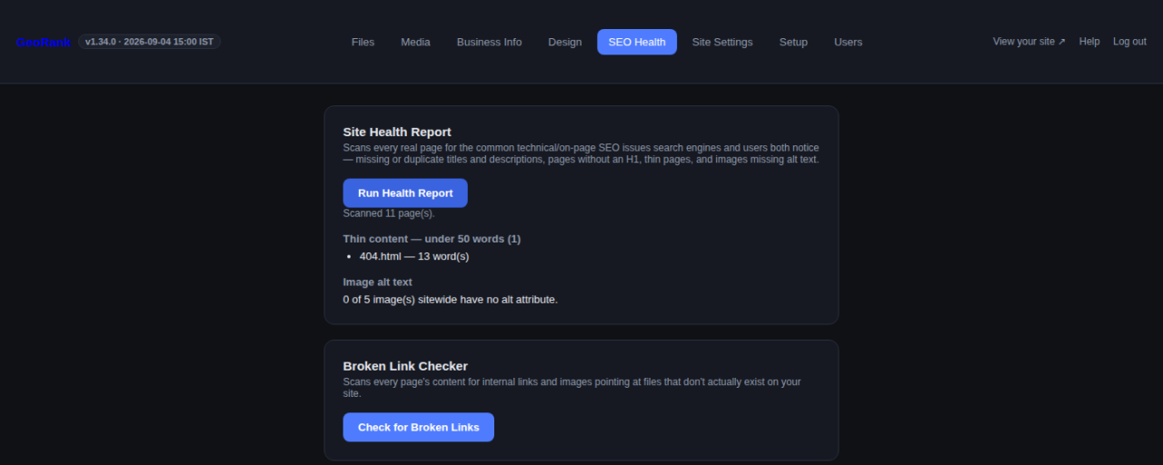 GeoRank SEO Health report showing real scan results